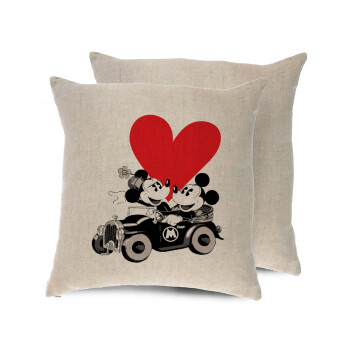Mickey & Minnie love car, Μαξιλάρι καναπέ ΛΙΝΟ 40x40cm περιέχεται το γέμισμα