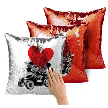 Mickey & Minnie love car, Μαξιλάρι καναπέ Μαγικό Κόκκινο με πούλιες 40x40cm περιέχεται το γέμισμα