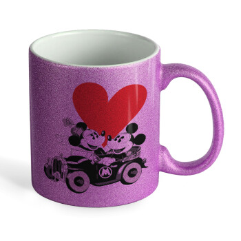 Mickey & Minnie love car, Κούπα Μωβ Glitter που γυαλίζει, κεραμική, 330ml