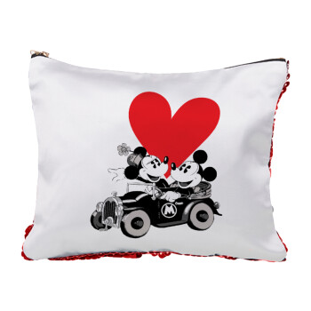 Mickey & Minnie love car, Τσαντάκι νεσεσέρ με πούλιες (Sequin) Κόκκινο