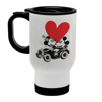 Mickey & Minnie love car, Κούπα ταξιδιού ανοξείδωτη με καπάκι, διπλού τοιχώματος (θερμό) λευκή 450ml