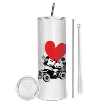 Mickey & Minnie love car, Eco friendly ποτήρι θερμό (tumbler) από ανοξείδωτο ατσάλι 600ml, με μεταλλικό καλαμάκι & βούρτσα καθαρισμού