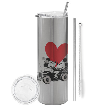 Mickey & Minnie love car, Eco friendly stainless steel Silver tumbler 600ml, with metal straw & cleaning brush