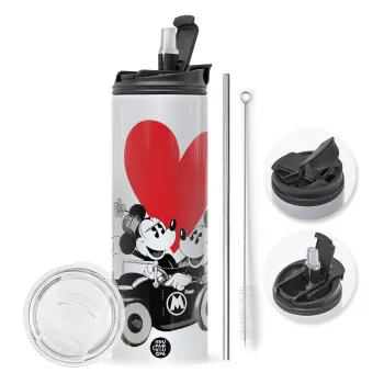 Mickey & Minnie love car, Travel Tumbler 2 Lids, with metal straw & cleaning brush (Stainless steel 304 Food grade, BPA free, 600ml)