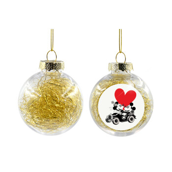 Mickey & Minnie love car, Transparent Christmas tree ball ornament with gold filling 8cm