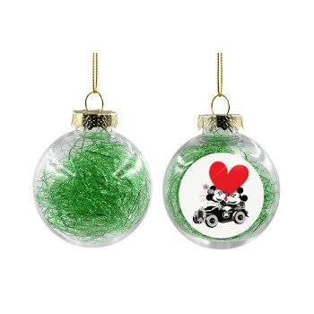 Mickey & Minnie love car, Transparent Christmas tree ball ornament with green filling 8cm