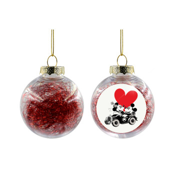 Mickey & Minnie love car, Χριστουγεννιάτικη μπάλα δένδρου διάφανη με κόκκινο γέμισμα 8cm