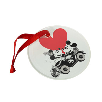 Mickey & Minnie love car, Christmas ornament glass 9cm