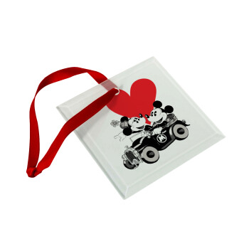 Mickey & Minnie love car, Στολίδι Χριστουγεννιάτικο στολίδι γυάλινο τετράγωνο 9x9cm