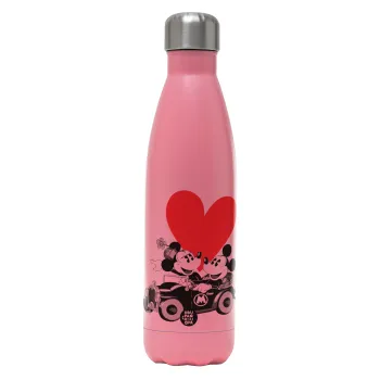 Mickey & Minnie love car, Metal mug thermos Pink Mat (Stainless steel), double wall, 500ml