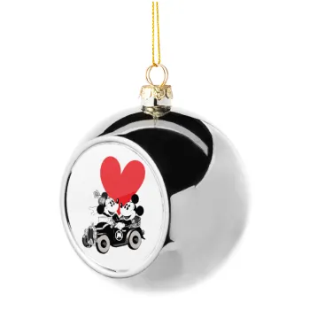 Mickey & Minnie love car, Silver 8cm Christmas tree ball ornament