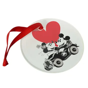 Mickey & Minnie love car, Christmas ornament glass 9cm