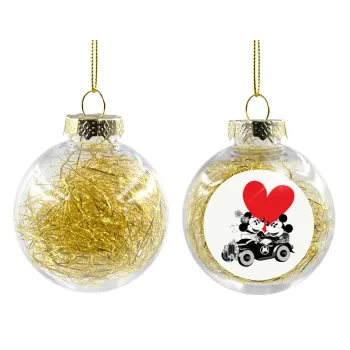 Mickey & Minnie love car, Transparent Christmas tree ball ornament with gold filling 8cm