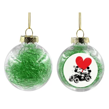 Mickey & Minnie love car, Transparent Christmas tree ball ornament with green filling 8cm