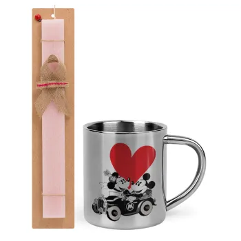 Mickey & Minnie love car, Easter Set, metallic thermal cup (300ml) & aromatic flat Easter candle (30cm) (PINK)