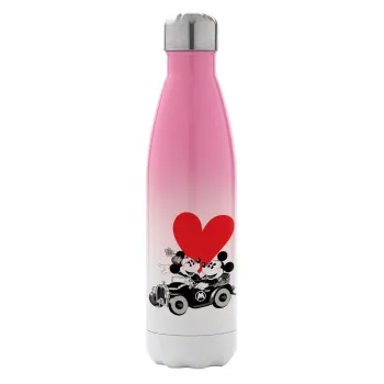 Mickey & Minnie love car, Metal mug thermos Pink/White (Stainless steel), double wall, 500ml