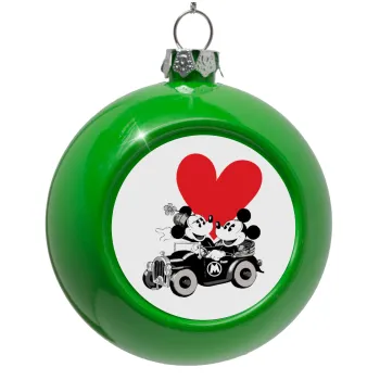 Mickey & Minnie love car, Green Christmas tree ornament bauble 8cm