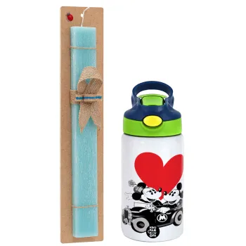 Mickey & Minnie love car, Πασχαλινή Λαμπάδα με Παιδικό παγούρι θερμό, ανοξείδωτο, με καλαμάκι ασφαλείας, πράσινο/μπλε (350ml) & κερί αρωματικό πλακέ (30cm) (ΤΙΡΚΟΥΑΖ)