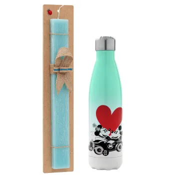 Mickey & Minnie love car, Easter Set, Metallic green/white thermos (Stainless steel), double-walled, 500ml & scented flat Easter candle (30cm) (TURQUOISE)
