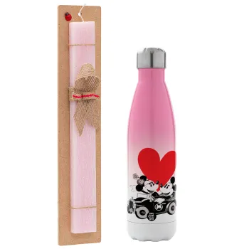 Mickey & Minnie love car, Easter Set, Metallic pink/white (Stainless steel) thermos, double-walled, 500ml & aromatic flat Easter candle (30cm) (PINK)
