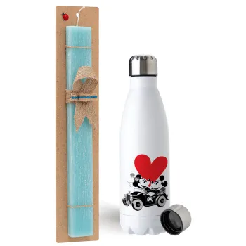 Mickey & Minnie love car, Easter Set, metallic stainless steel water bottle (750ml) & aromatic flat Easter candle (30cm) (TURQUOISE)