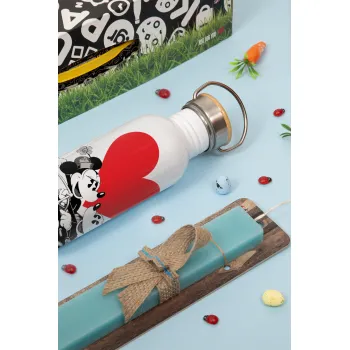 Mickey & Minnie love car, Πασχαλινή Λαμπάδα με παγούρι μεταλλικό Ασημένιο αλουμινίου (500ml) & κερί αρωματικό πλακέ (30cm) (ΤΙΡΚΟΥΑΖ)
