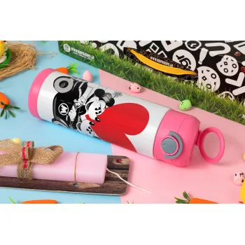 Mickey & Minnie love car, Πασχαλινή Λαμπάδα με Παιδικό παγούρι θερμό, ανοξείδωτο, με καλαμάκι ασφαλείας, ΡΟΖ (500ml)