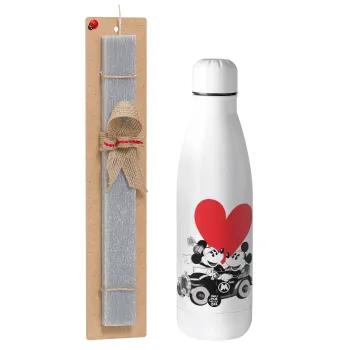Mickey & Minnie love car, Πασχαλινή Λαμπάδα με μεταλλικό παγούρι θερμός ανοξείδωτο (500ml) & κερί αρωματικό πλακέ (30cm) (ΓΚΡΙ)