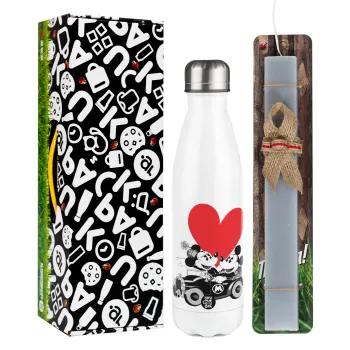 Mickey & Minnie love car, Easter candle, metallic white thermos bottle (500ml) & aromatic flat candle (30cm) (GRAY)