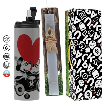Mickey & Minnie love car, Πασχαλινή Λαμπάδα με Travel Tumbler θερμό (600ml, BPA free) & κερί αρωματικό πλακέ (30cm) (ΓΚΡΙ)