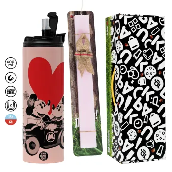Mickey & Minnie love car, Πασχαλινή Λαμπάδα με  ΡΟΖ Travel Tumbler θερμό (600ml, BPA free) & κερί αρωματικό πλακέ (30cm) (ΡΟΖ)