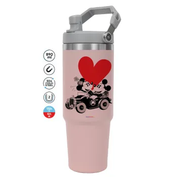 Mickey & Minnie love car, Pink color, 890ml (30oz) stainless Steel Tumbler with Handle