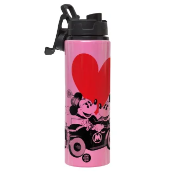 Mickey & Minnie love car, Μεταλλικό παγούρι νερού με καπάκι ασφαλείας, αλουμινίου 850ml
