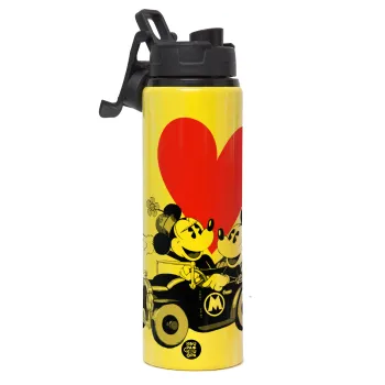 Mickey & Minnie love car, Μεταλλικό παγούρι νερού με καπάκι ασφαλείας, αλουμινίου 850ml