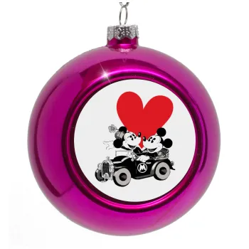 Mickey & Minnie love car, Purple Christmas tree ornament bauble 8cm