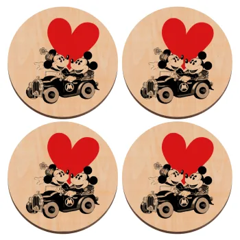 Mickey & Minnie love car, ΣΕΤ x4 Σουβέρ ξύλινα στρογγυλά plywood (9cm)