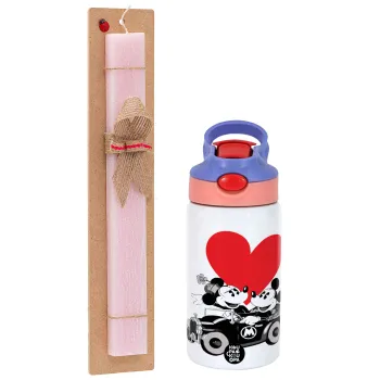 Mickey & Minnie love car, Easter Set, Children's thermal stainless steel water bottle with safety straw, pink/purple (350ml) & Easter scented flat candle (30cm) (PINK)