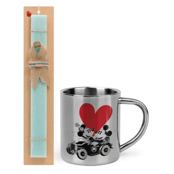 Mickey & Minnie love car, Easter Set, metallic thermal cup (300ml) & aromatic flat Easter candle (30cm) (TURQUOISE)