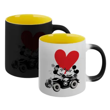 Mickey & Minnie love car, Κούπα Μαγική εσωτερικό κίτρινη, κεραμική 330ml που αλλάζει χρώμα με το ζεστό ρόφημα