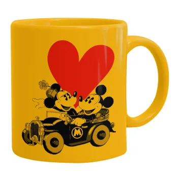 Mickey & Minnie love car, Κούπα, κεραμική κίτρινη, 330ml