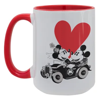 Mickey & Minnie love car, Κούπα Mega 15oz, κεραμική Κόκκινη, 450ml