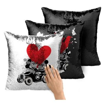 Mickey & Minnie love car, Μαξιλάρι καναπέ Μαγικό Μαύρο με πούλιες 40x40cm περιέχεται το γέμισμα