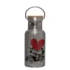 Stainless steel metallic thermos flask, silver with a bamboo lid, double-walled, 350ml.