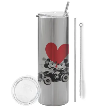 Mickey & Minnie love car, Tumbler ποτήρι θερμό Ασημένιο από ανοξείδωτο ατσάλι 600ml, με μεταλλικό καλαμάκι & βούρτσα καθαρισμού