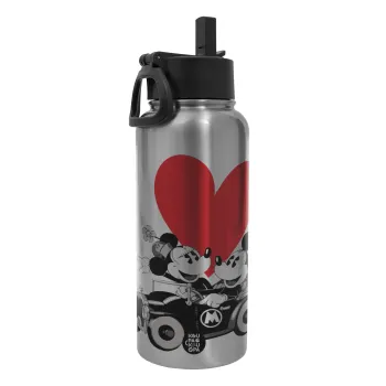 Mickey & Minnie love car, Metal mug thermo Silver with Straw and Spout Lid (Stainless steel), double wall, 950ml