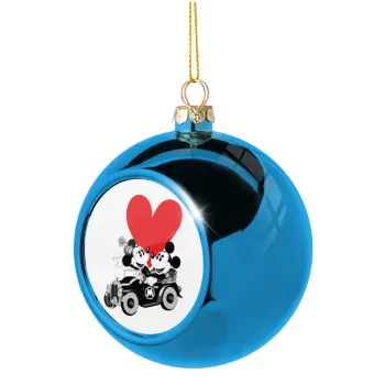 Mickey & Minnie love car, Blue Christmas tree ball ornament 8cm