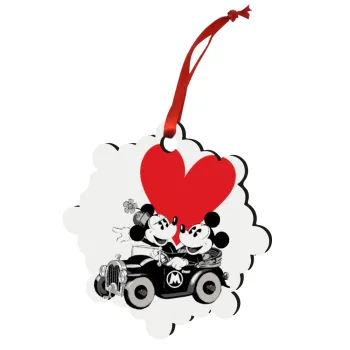 Mickey & Minnie love car, Christmas ornament snowflake wooden 7.5cm