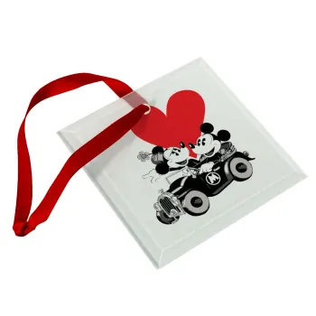 Mickey & Minnie love car, Christmas ornament, glass square ornament 9x9cm