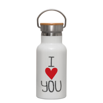 I Love You small dots, Metallic thermos (Stainless steel) White with wooden lid (bamboo), double-walled, 350ml
