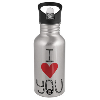 I Love You small dots, Water bottle Silver with straw, stainless steel 500ml